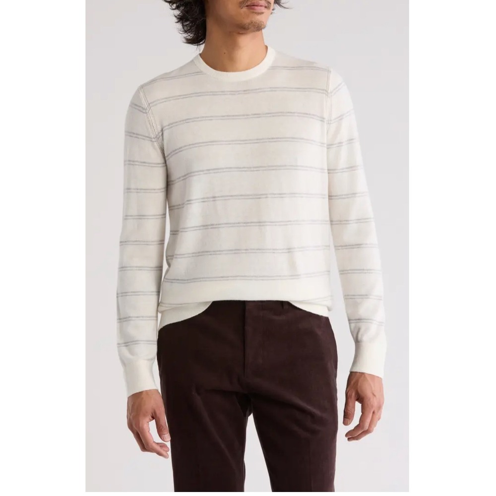 Theory Mens‎ Riland P S Harman Merino Wool Striped Sweater Ivory Grey L